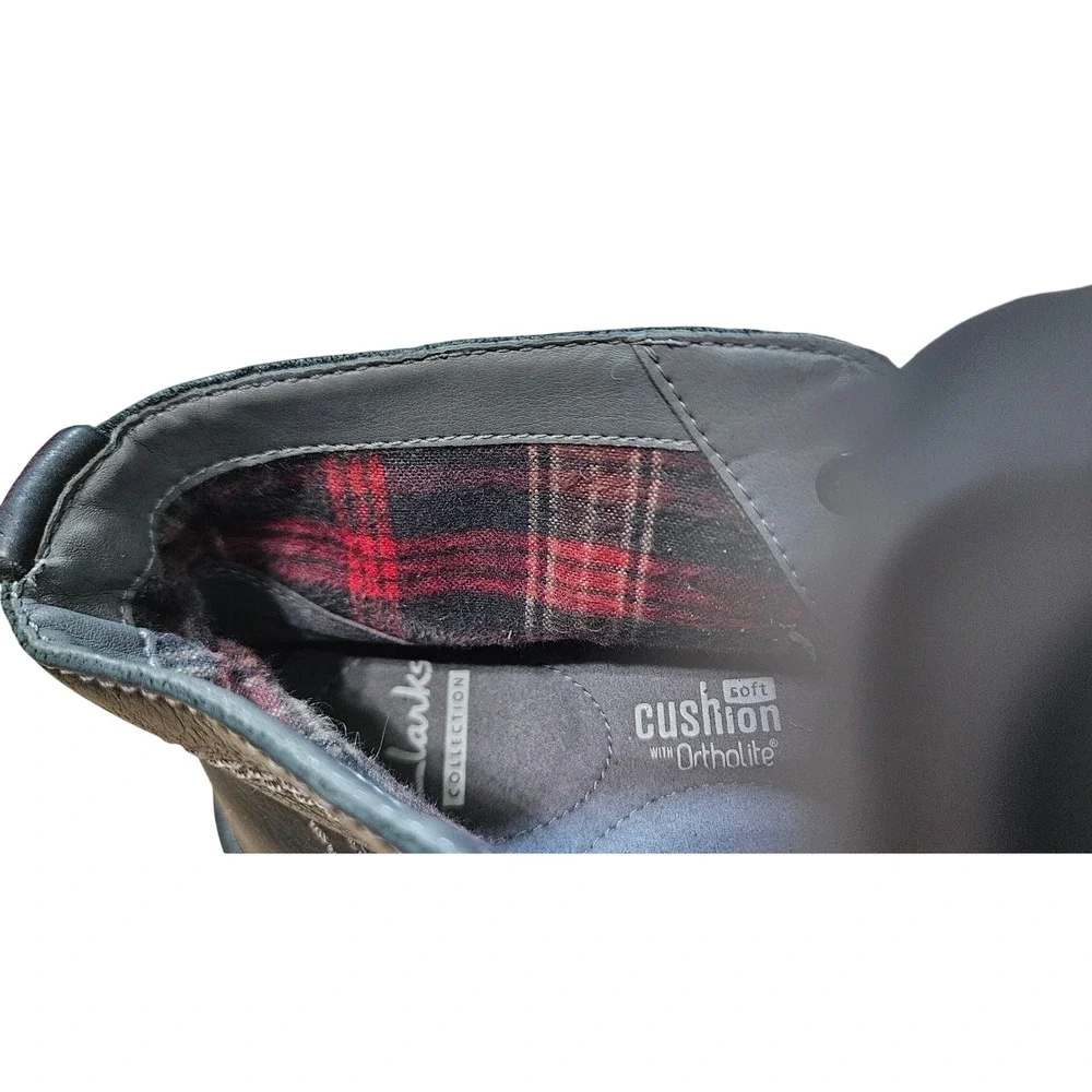 Clarks Collection Men Black Leather Chukka Boots Plaid Lining Ortholite Size 9.5